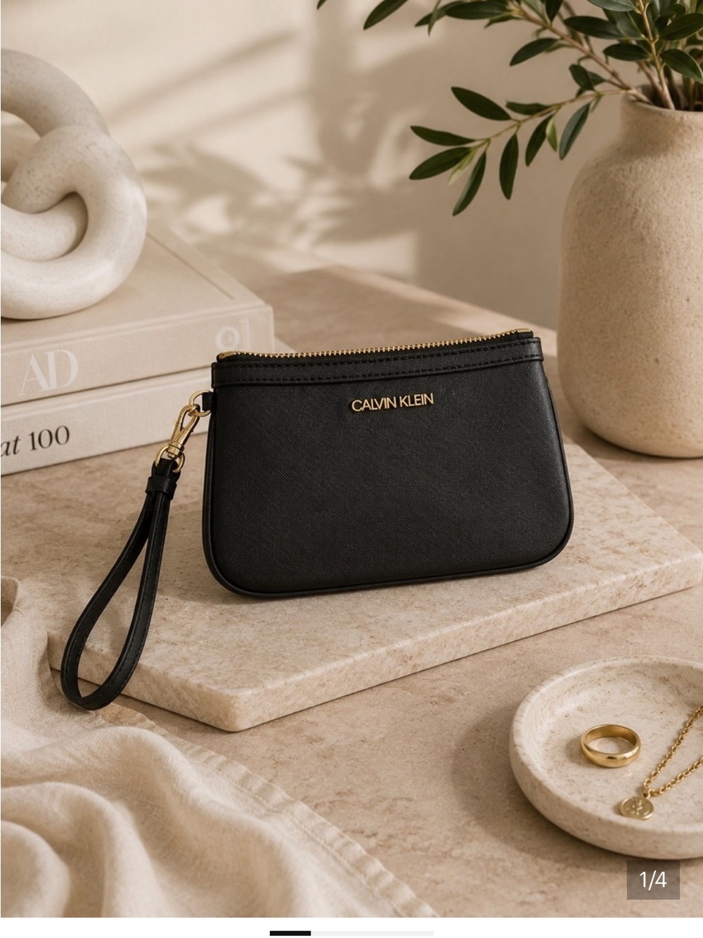 Calvin Klein Black Wristlet with Gold Hardware